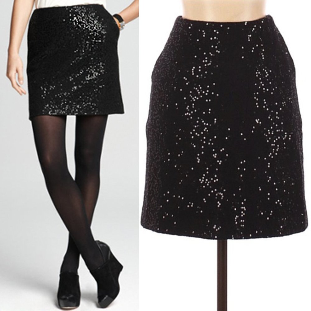 ANN TAYLOR Black Sequin Sparkle 2 Pocket Wool Blend Mini A-Line Pencil Skirt NWT